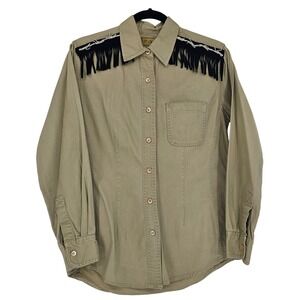 Vintage 90s Western Embellished Button Up Shirt M Tan 3D Barbed‎ Wire Fringe